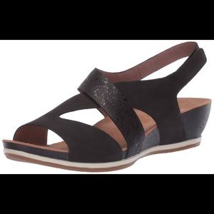 Dansko Vicky leather low wedge black sandal.